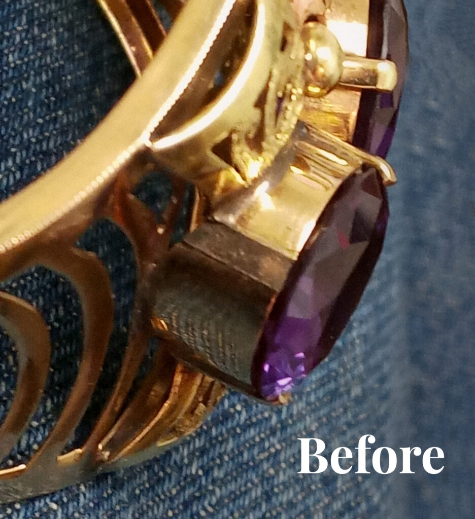 Restored Purple Ring Before Jewelry Repairs Prong Replacements